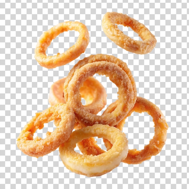 Flying onion fried rings isolated on transparent background