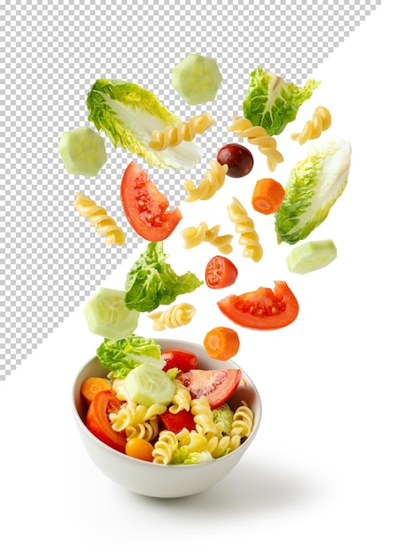PSD flying pasta salad in a bowl, isolated with clipping path