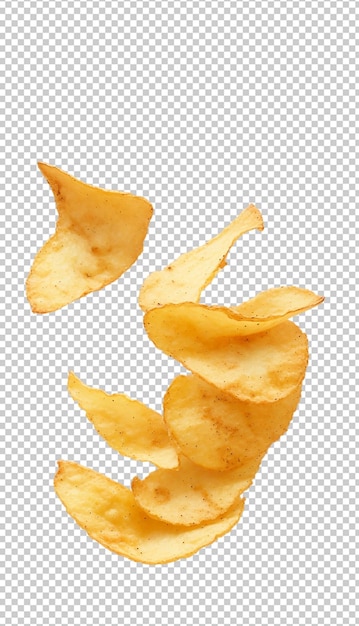 Flying potatoes chips on transparent background