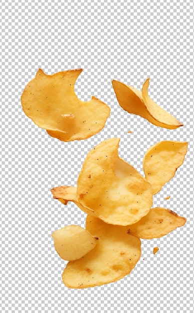 PSD flying potatoes chips on transparent background