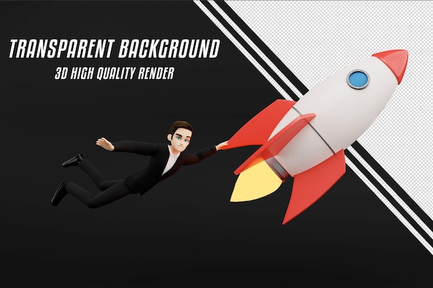PSD flying pulled 3d male from a rocketship business cloths black background riding