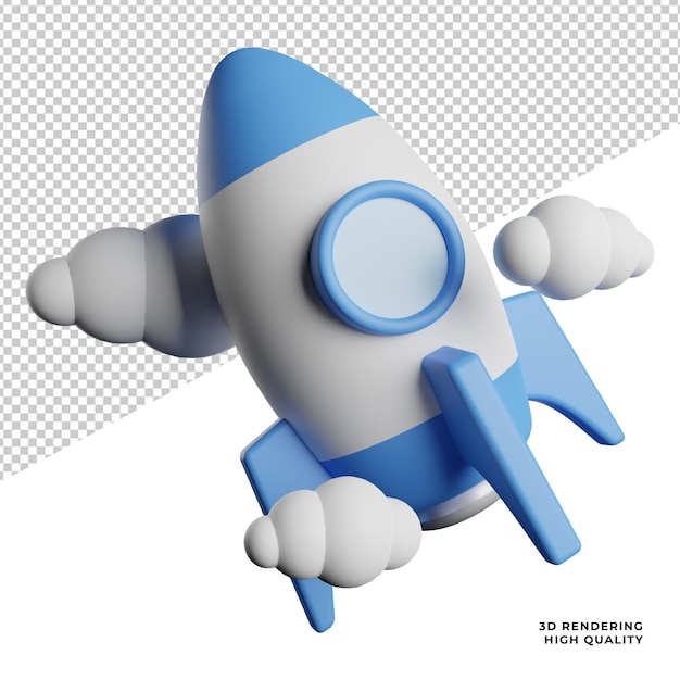 Flying rocket on the sky side view 3d rendering illustration icon with transparent background
