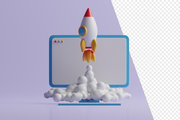 PSD flying rocket with smoke on computer, concept of a web page for a startup.