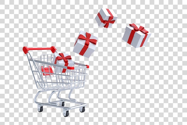 Flying shopping cart with gift on a white background Shopping Trolley Grocery push cart 3D render