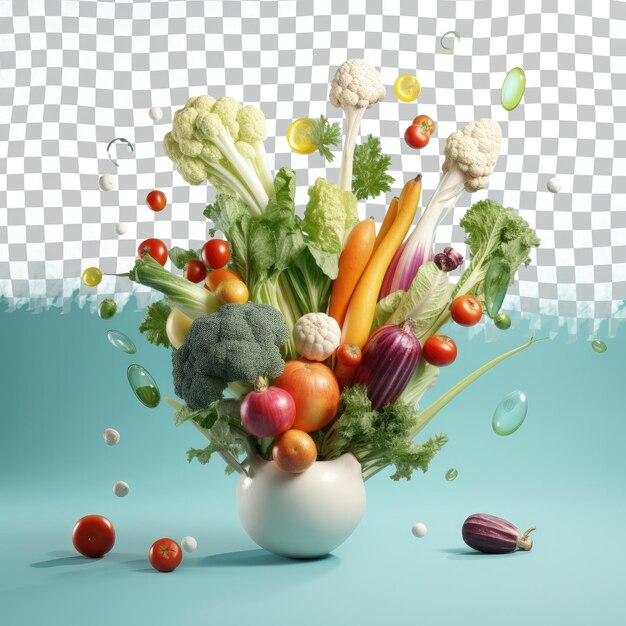 Flying vegetables on transparent background after boiling