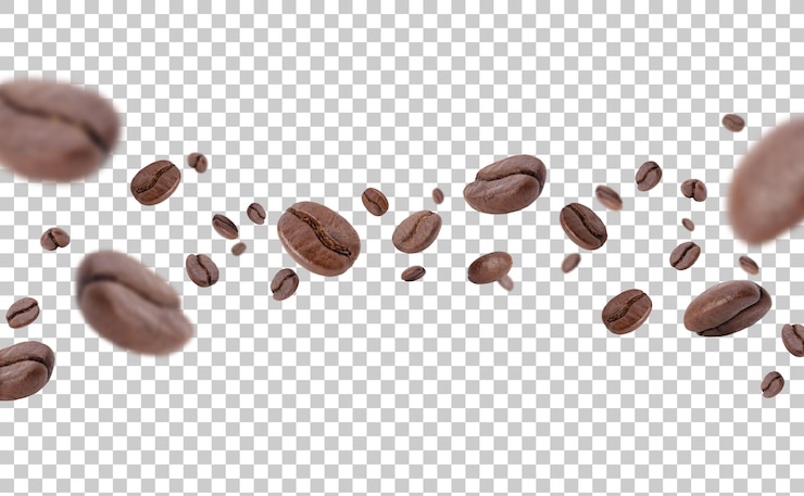 PSD flying whirl roasted coffee beans in the air studio shot with transparent background png