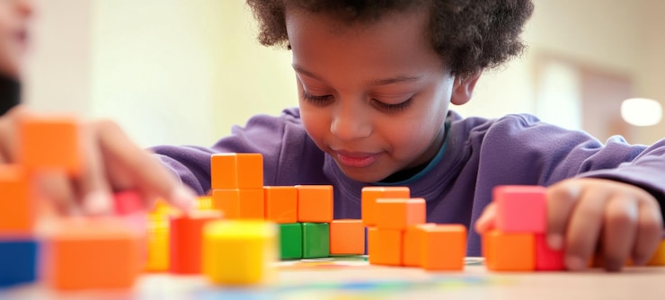 PSD focused child building with colorful blocks early childhood development and play