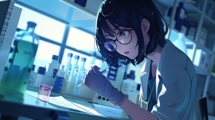 PSD 穿著實驗室外套的專注女性科學家在裝備完善的實驗室里仔細地記錄研究數據
