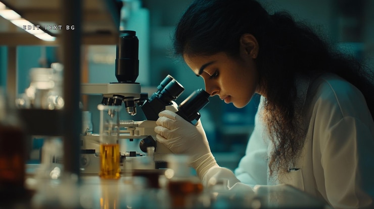 PSD focused female scientist using microscope in lab at night