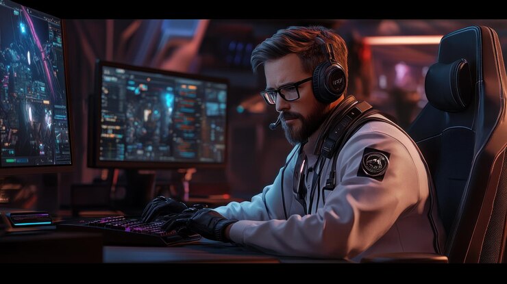 PSD focused gamer in futuristic setup typing intently