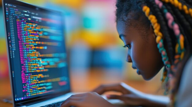 Focused girl coding on laptop