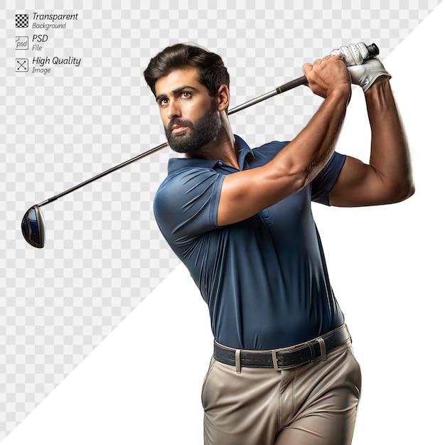 PSD focused male golfer swinging club on transparent background