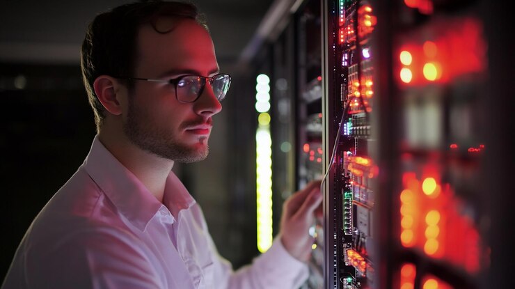 PSD a focused male it specialist works on a server rack in a data center at night