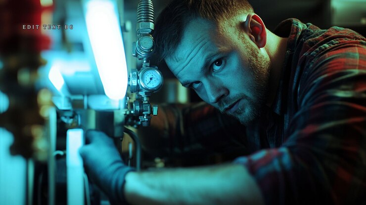 PSD focused male technician inspecting industrial equipment in a dimly lit facility