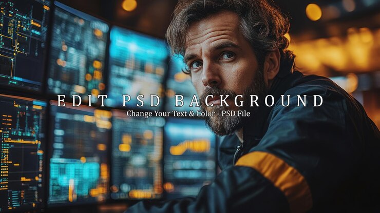 PSD focused man in front of monitors
