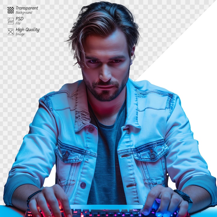 PSD focused man using backlit keyboard in colorful lighting
