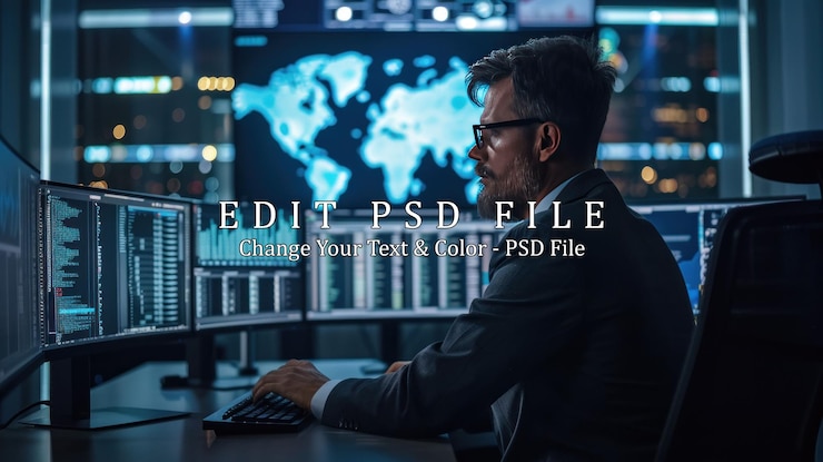 PSD focused man working on a computer in a tech office