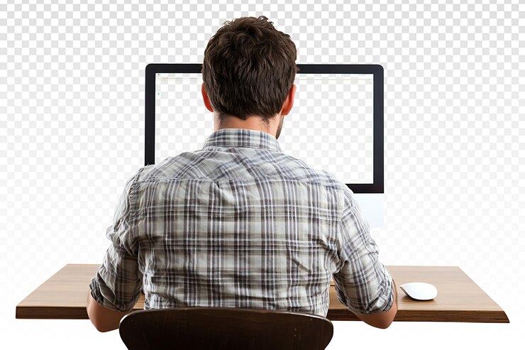 PSD focused man working on laptop in isolation