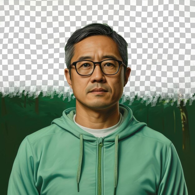 PSD Сосредоточенный мужчина среднего возраста из восточной азии в беговой одежде зеленый фон короткие волосы очки