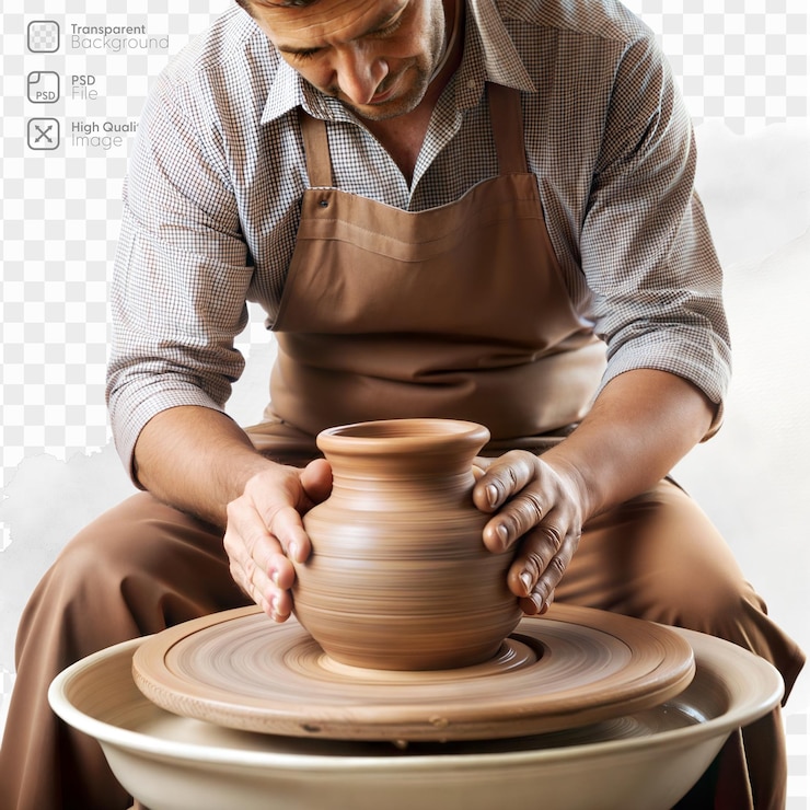 PSD focused potter crafting clay vase on pottery wheel in workshop