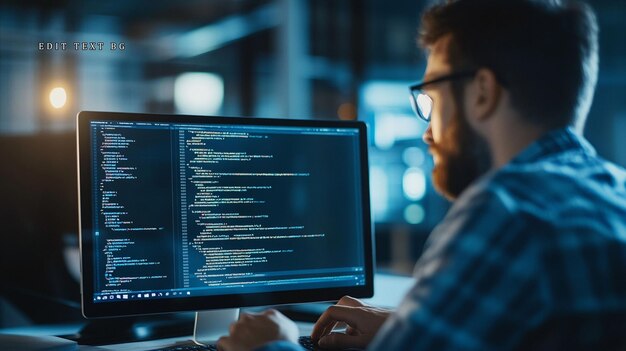 集中したプログラマが夜遅くまでコンピューターコードに取り組んでいます