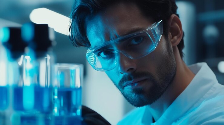 PSD focused scientist in lab coat and safety glasses examining blue liquid in laboratory