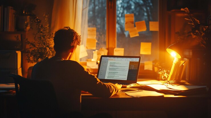 PSD focused student working late at night on computer