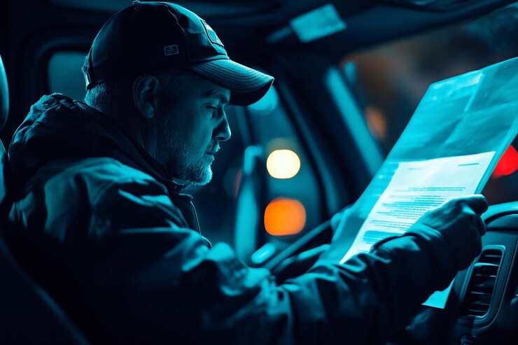 PSD focused truck driver reviewing documents at night 1