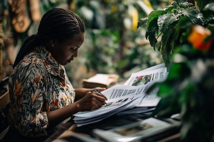 PSD focused woman reviewing documents in a greenhouse