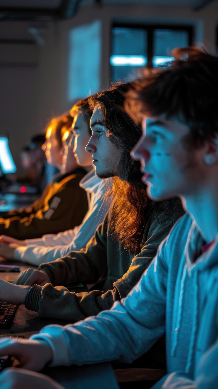PSD focused young adults using computers in a brightly lit room
