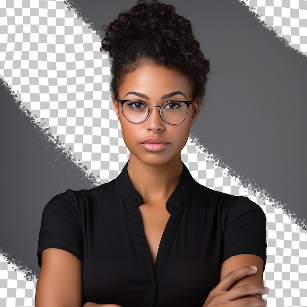 PSD giovane ragazza afroamericana focalizzata con gli occhiali in piedi con le mani piegate ritratto in studio isolato su uno sfondo trasparente