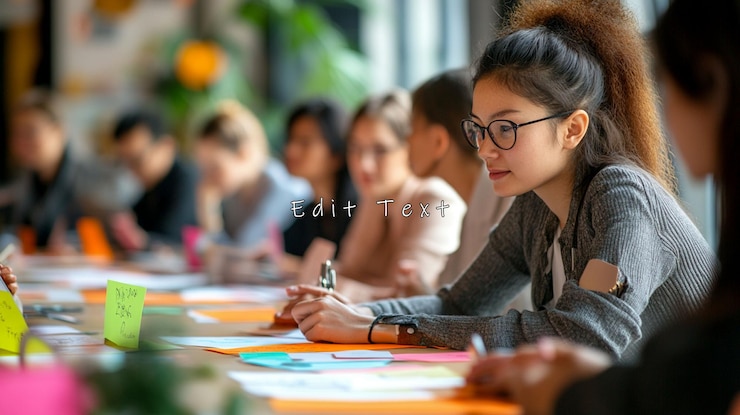 PSD focused young woman in a group brainstorming session