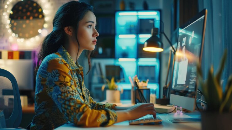 PSD focused young woman working late on computer in home office