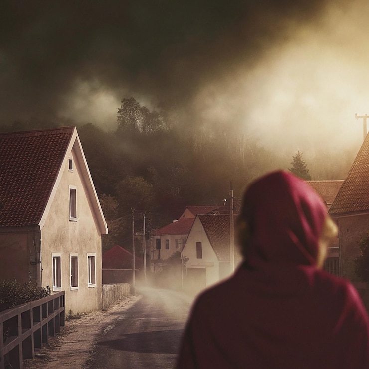 PSD fog in the mountains early in the morning mountain village in slovenia europe