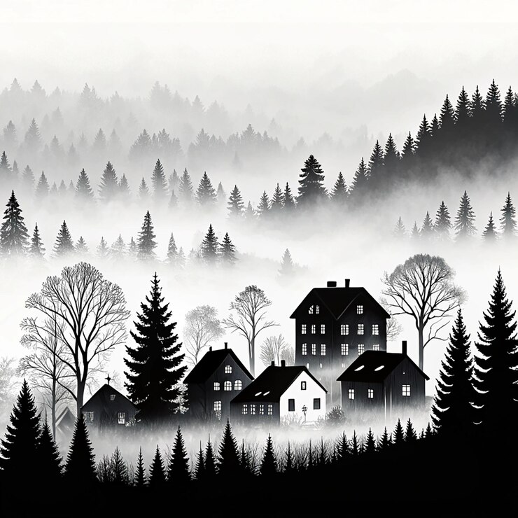 PSD a fogcovered village rests quietly between gentle hills ideal for a calm and atmospheric countrysi