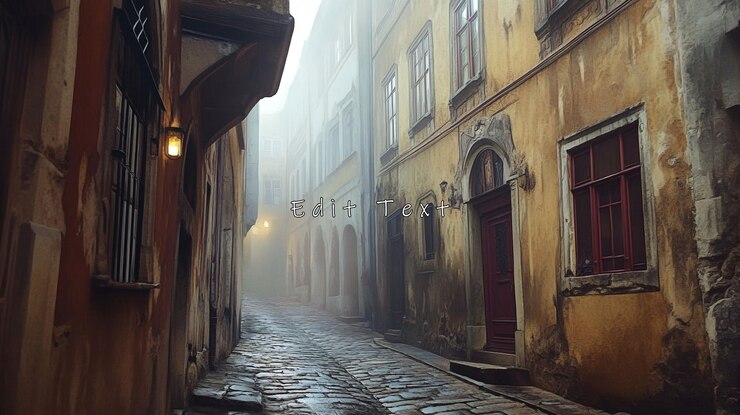 PSD foggy cobblestone street with old buildings
