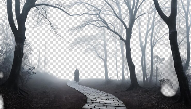 PSD foggy forest path