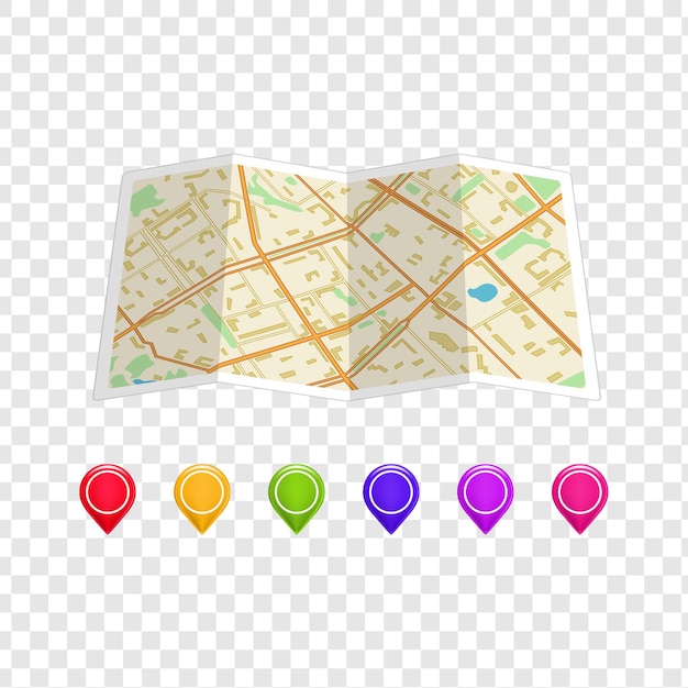 Folded City Map with Location Markers isolated on transparent background