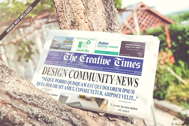 Folded newspaper on the tree mockup