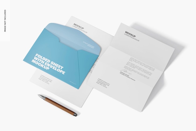 PSD folded sheet with envelope mockup, side view