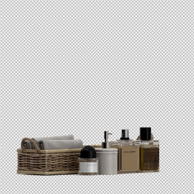 PSD folded towels in baskets and cosmetic bottles