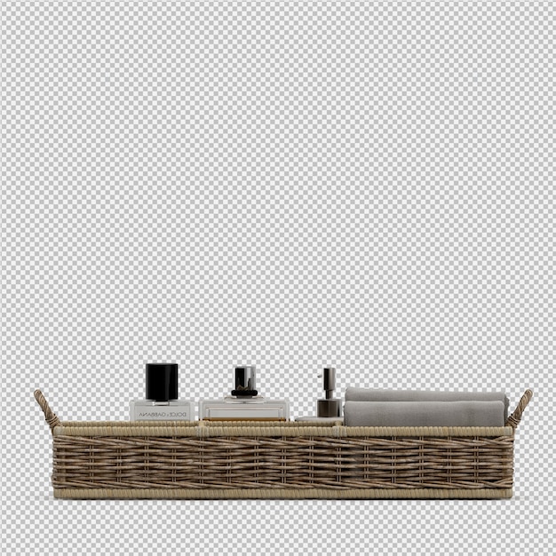 Folded towels in baskets and cosmetic bottles