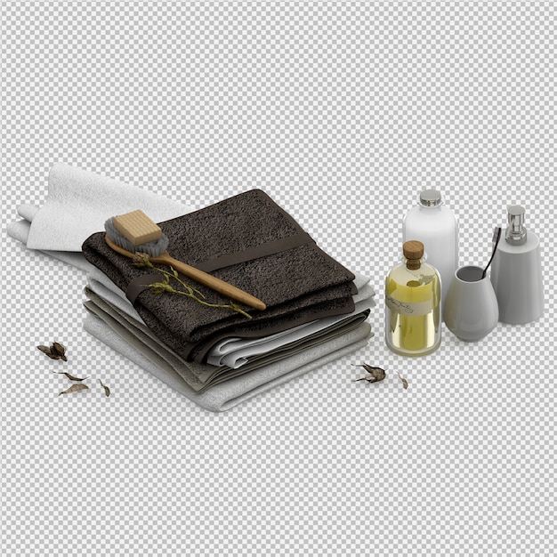 Folded towels with bathroom accessories 3D isolated render
