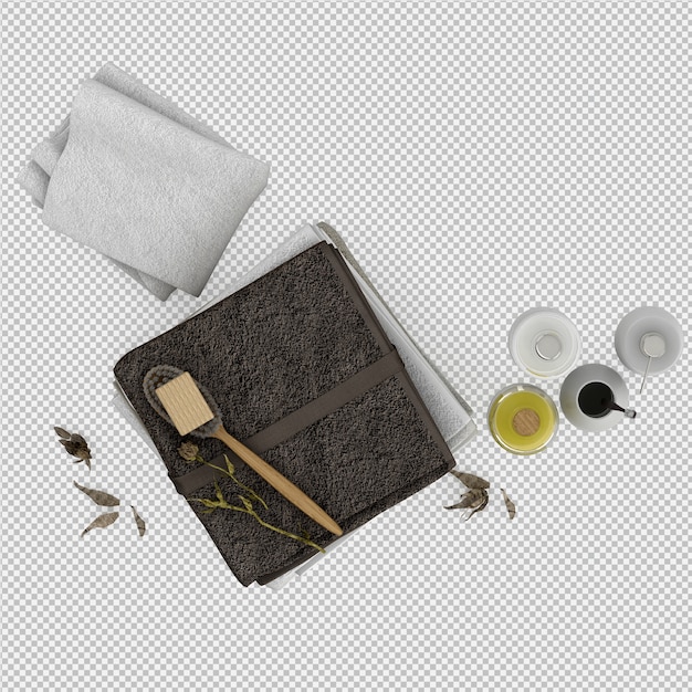 Folded towels with bathroom accessories 3D isolated render