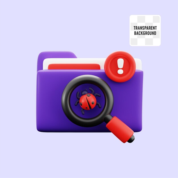 Folder with bug and magnifying glass for virus file scan cyber security 3d icon illustration render design