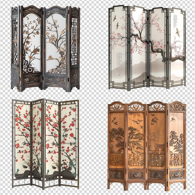 PSD folding chinese partition screen set on transparent background