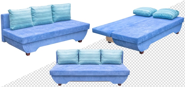 PSD divano pieghevole isolato dallo sfondo in diverse angolazioni elemento interno