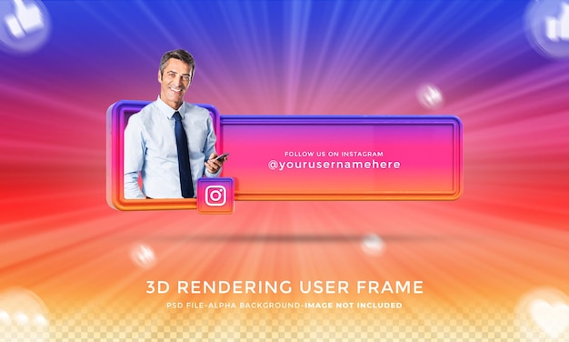 PSD instagramのソーシャルメディアで私に従ってくださいローワーサード3dデザインレンダリングアイコンバッジフレーム付き