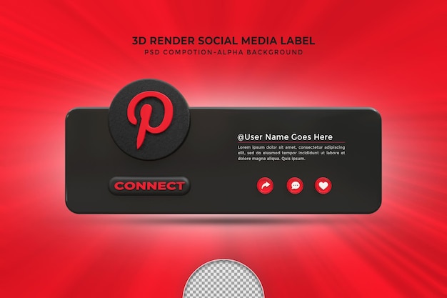 PSD follow me on pinterest social media lower third 3d design render icon badge with frame