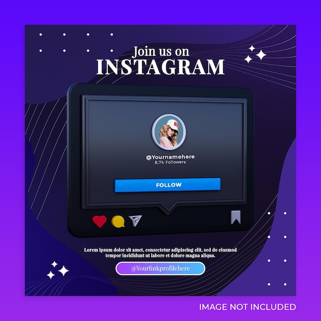 Seguici su instagram social media banner quadrato con logo 3d e casella del profilo di collegamento